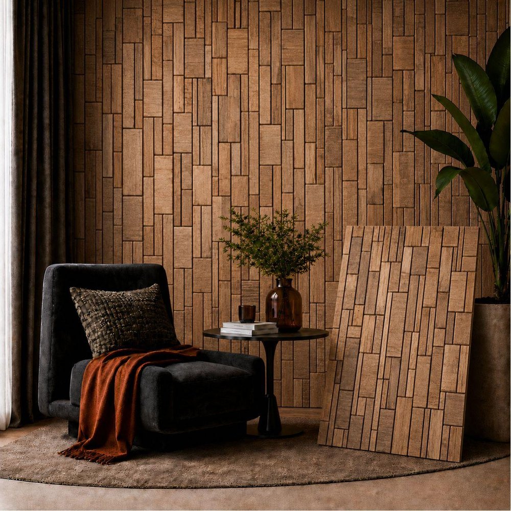 Brown 3D Embossed Abstract Teak Reclaimed Wood Decorative Wall Panels HomeRoots