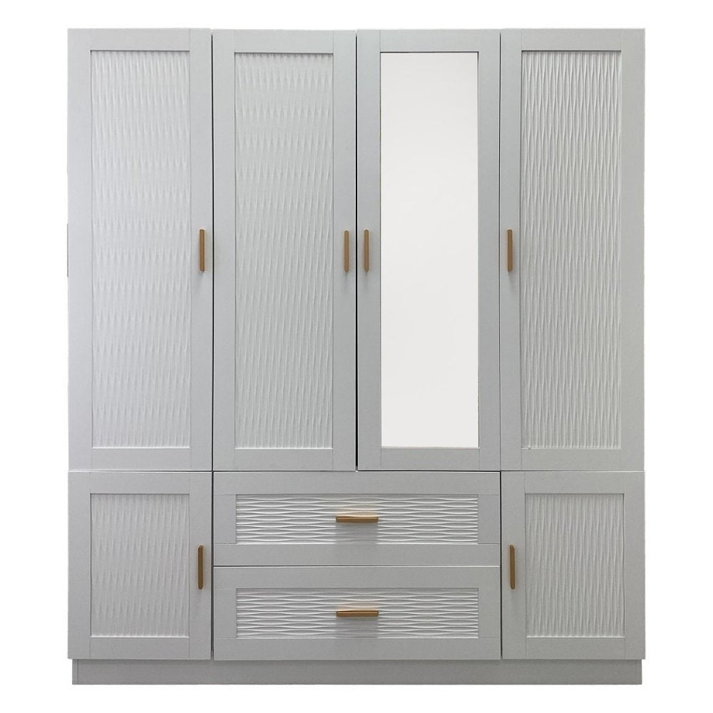75" White Ribbed Texture Wood Mirrored Six Door Two Drawer Combo Dresser HomeRoots