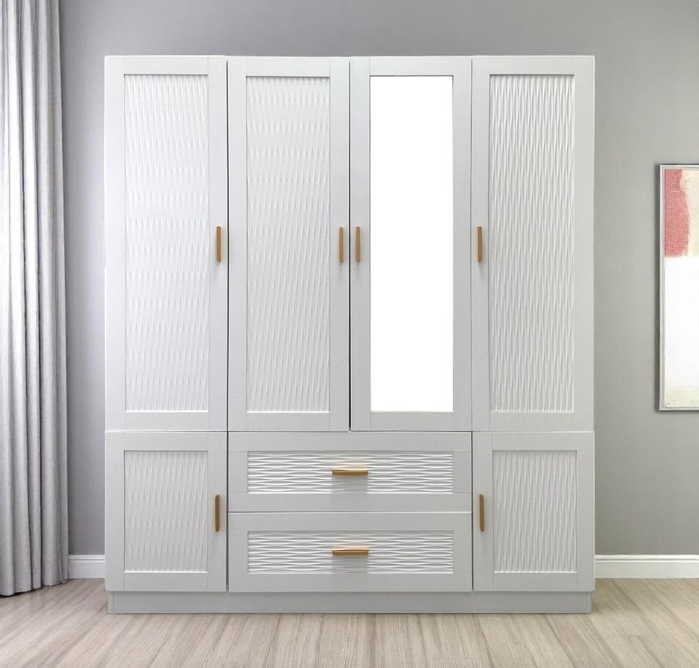 75" White Ribbed Texture Wood Mirrored Six Door Two Drawer Combo Dresser HomeRoots