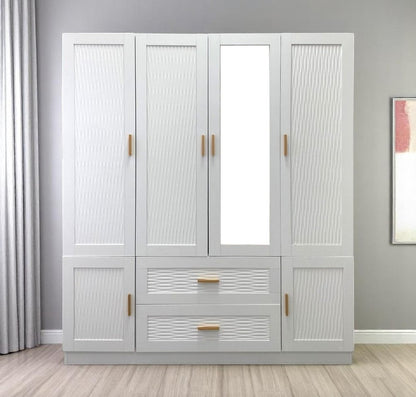 75" White Ribbed Texture Wood Mirrored Six Door Two Drawer Combo Dresser HomeRoots