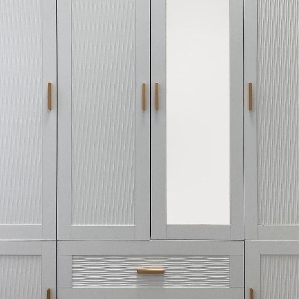 75" White Ribbed Texture Wood Mirrored Six Door Two Drawer Combo Dresser HomeRoots
