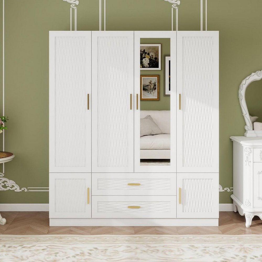75" White Ribbed Texture Wood Mirrored Six Door Two Drawer Combo Dresser HomeRoots