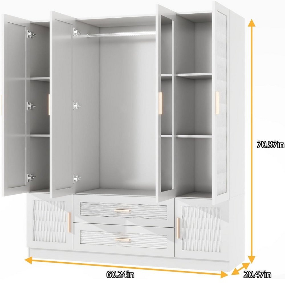 75" White Ribbed Texture Wood Mirrored Six Door Two Drawer Combo Dresser HomeRoots