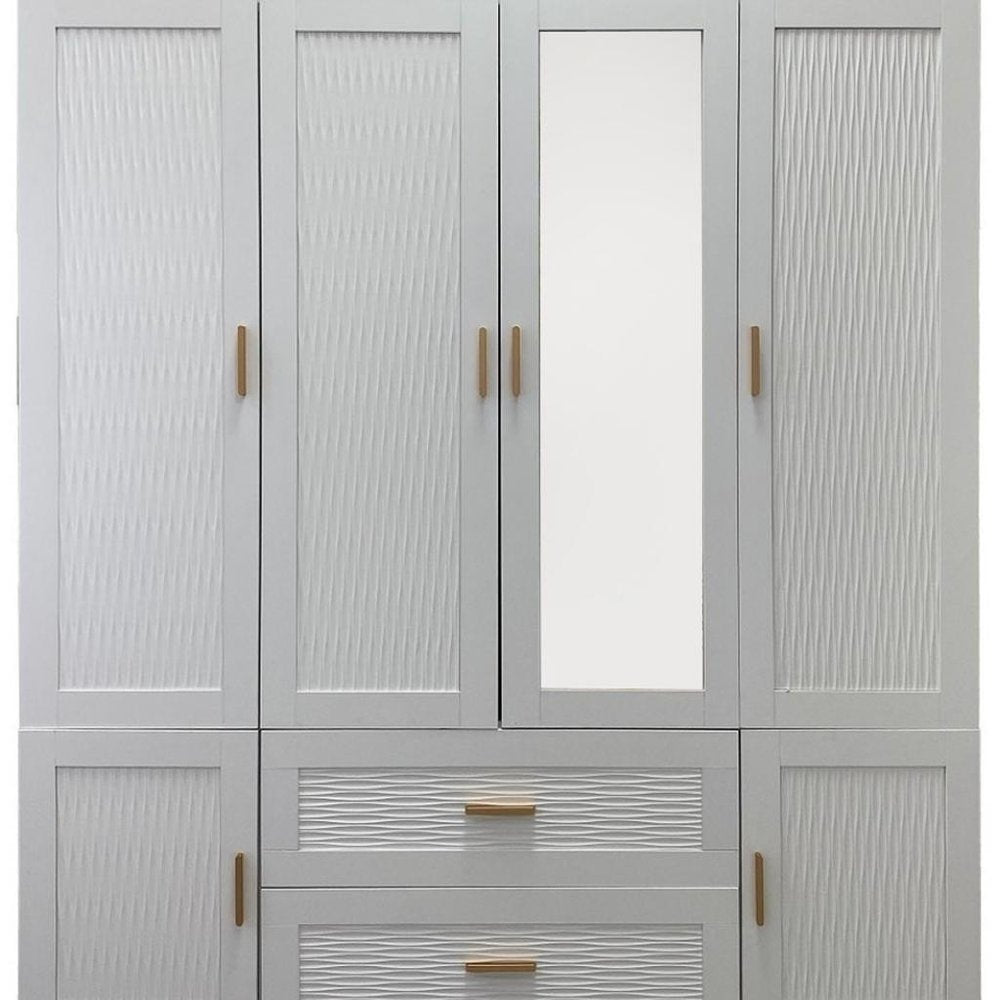 75" White Ribbed Texture Wood Mirrored Six Door Two Drawer Combo Dresser HomeRoots