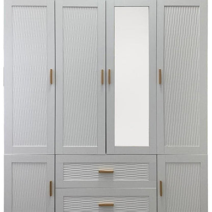 75" White Ribbed Texture Wood Mirrored Six Door Two Drawer Combo Dresser HomeRoots
