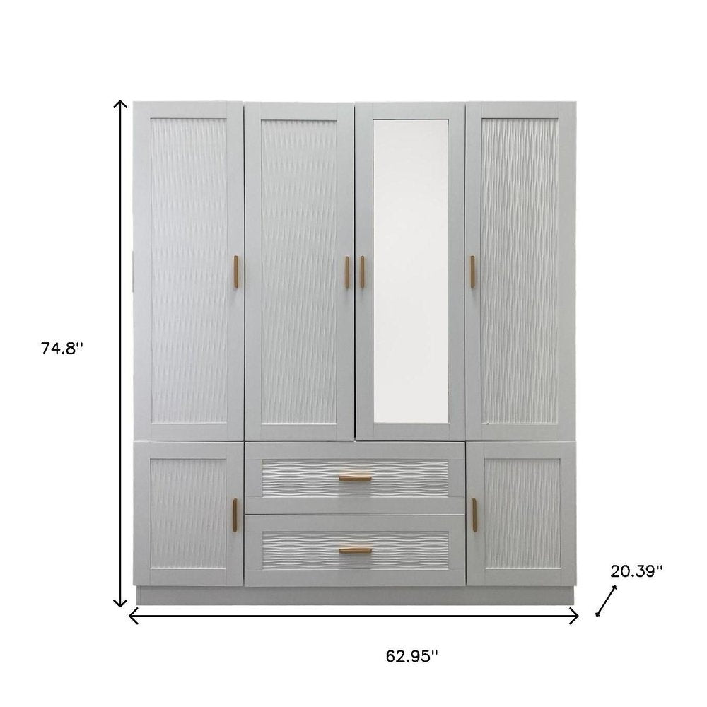 75" White Ribbed Texture Wood Mirrored Six Door Two Drawer Combo Dresser HomeRoots