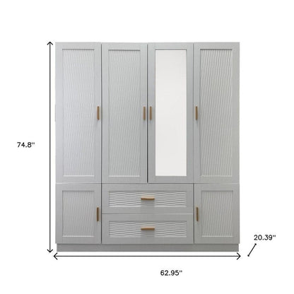 75" White Ribbed Texture Wood Mirrored Six Door Two Drawer Combo Dresser HomeRoots
