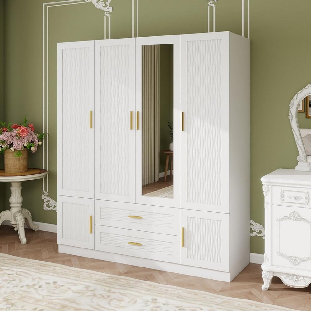 75" White Ribbed Texture Wood Mirrored Six Door Two Drawer Combo Dresser HomeRoots