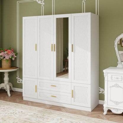75" White Ribbed Texture Wood Mirrored Six Door Two Drawer Combo Dresser HomeRoots