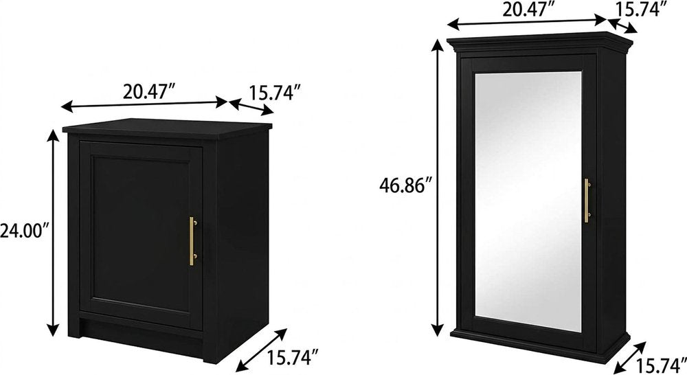20" Black Raised Panel Wood And Melamine Mirrored Two Door Armoire Wardrobe