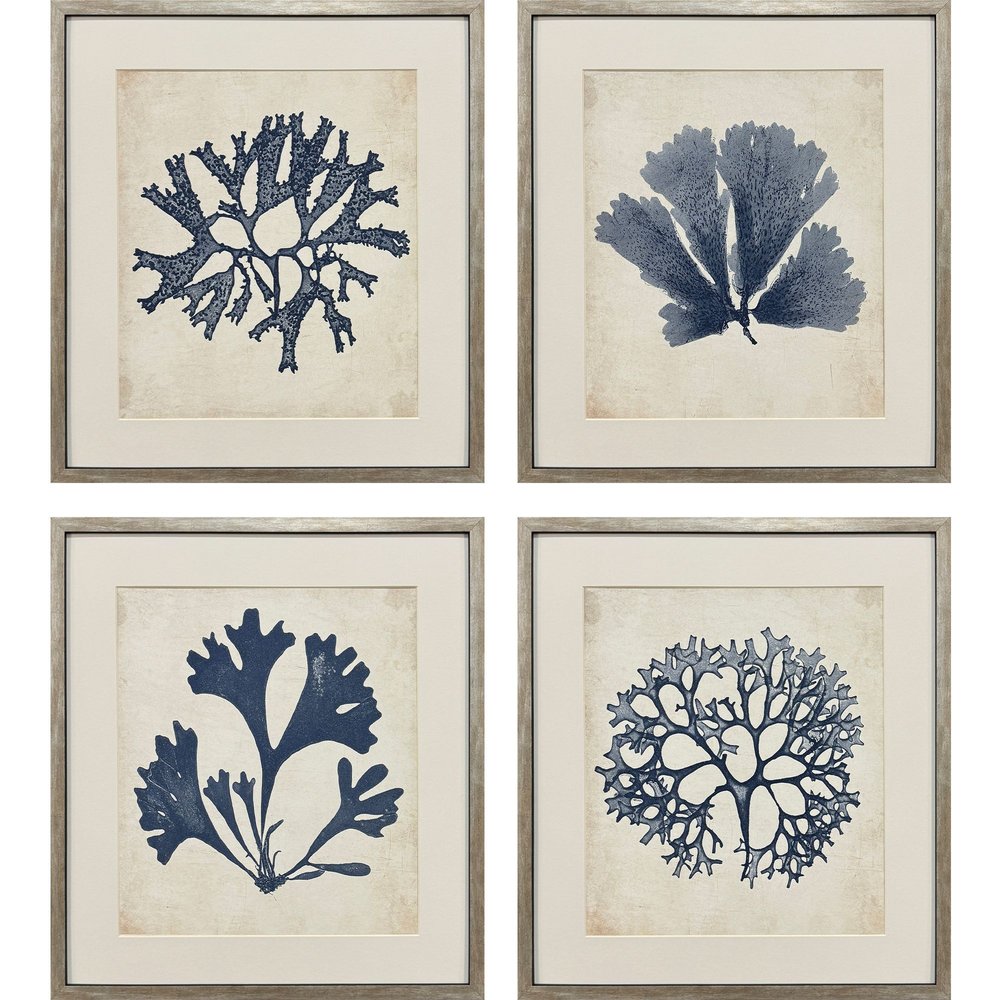 Set Of Four Indigo Sea Life Silver Framed Wall Art HomeRoots