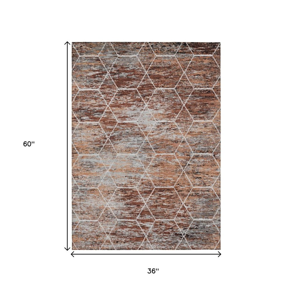 3' X 5' Rust Gray And Ivory Geometric Washable Indoor Outdoor Area Rug — view 16