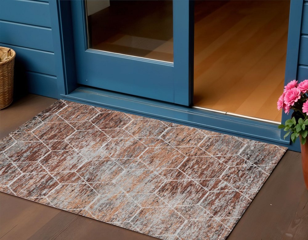 3' X 5' Rust Gray And Ivory Geometric Washable Indoor Outdoor Area Rug