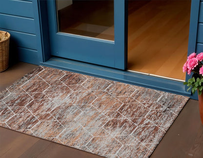 3' X 5' Rust Gray And Ivory Geometric Washable Indoor Outdoor Area Rug HomeRoots