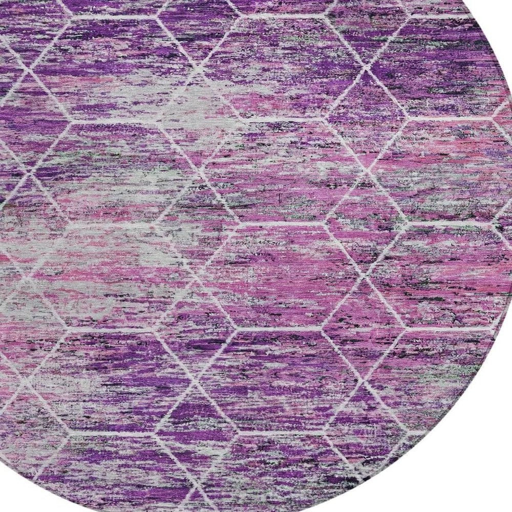 8' Purple Lavender And Ivory Round Geometric Washable Indoor Outdoor Area Rug — view 9