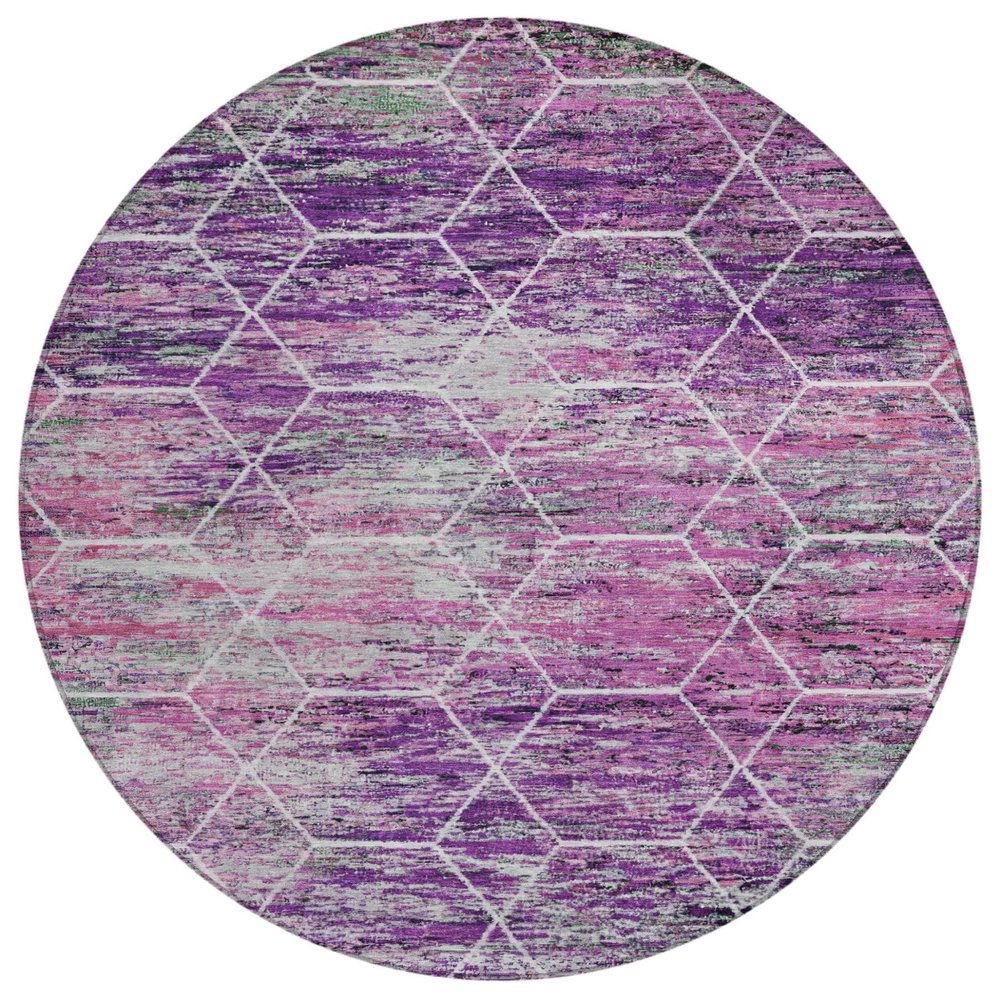 8' Purple Lavender And Ivory Round Geometric Washable Indoor Outdoor Area Rug — view 1