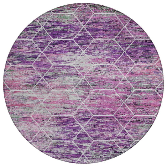 8' Purple Lavender And Ivory Round Geometric Washable Indoor Outdoor Area Rug