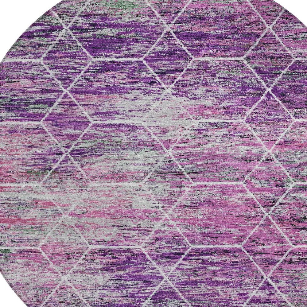 8' Purple Lavender And Ivory Round Geometric Washable Indoor Outdoor Area Rug — view 4