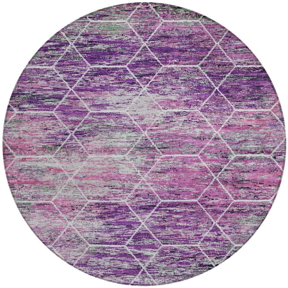 8' Purple Lavender And Ivory Round Geometric Washable Indoor Outdoor Area Rug HomeRoots