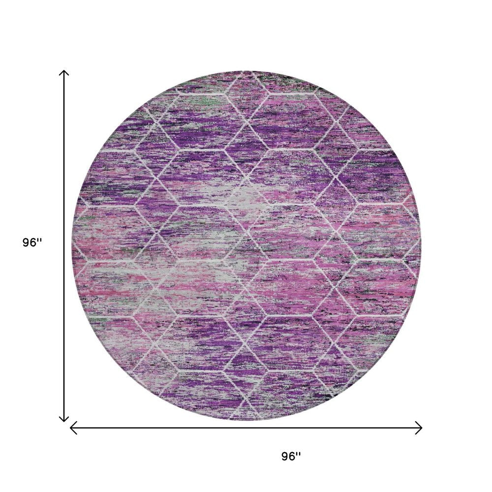 8' Purple Lavender And Ivory Round Geometric Washable Indoor Outdoor Area Rug HomeRoots