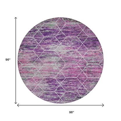 8' Purple Lavender And Ivory Round Geometric Washable Indoor Outdoor Area Rug HomeRoots