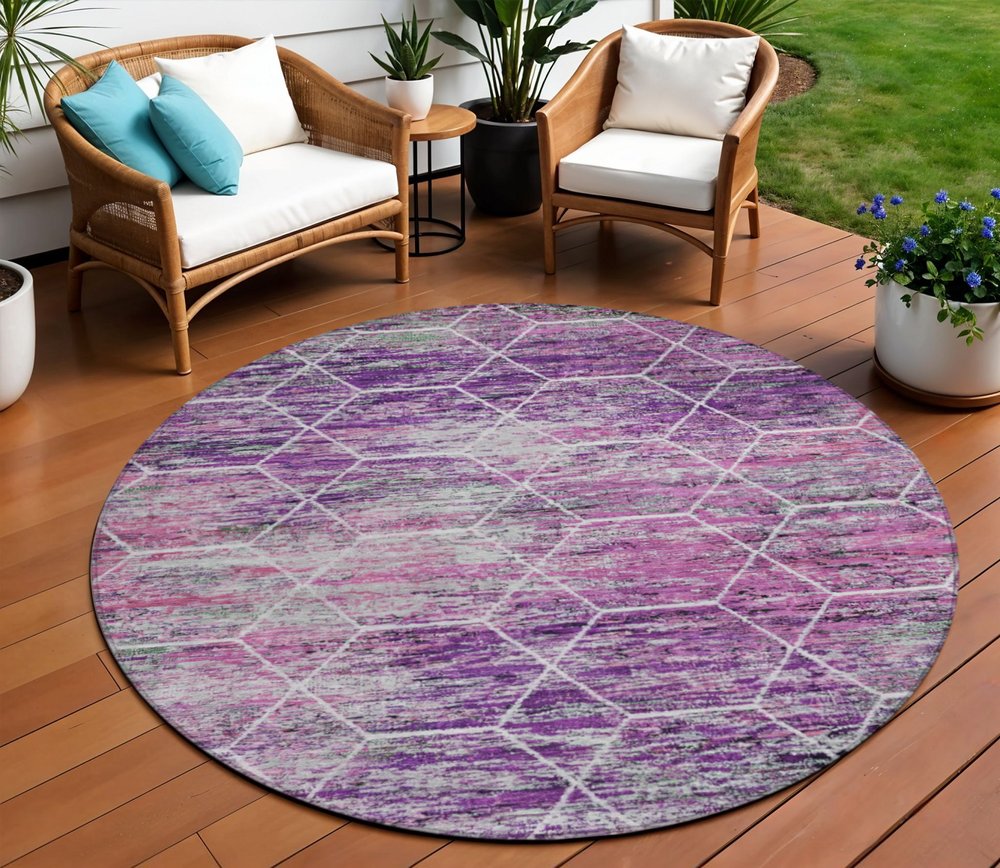 8' Purple Lavender And Ivory Round Geometric Washable Indoor Outdoor Area Rug — view 7