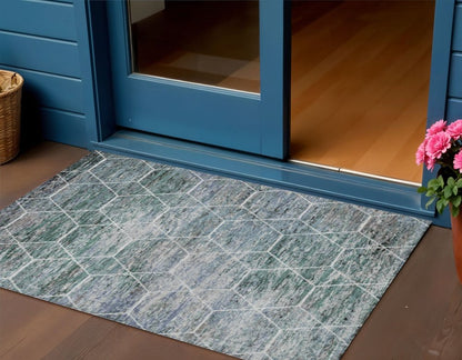 3' X 5' Teal Blue Gray And Ivory Geometric Washable Indoor Outdoor Area Rug HomeRoots