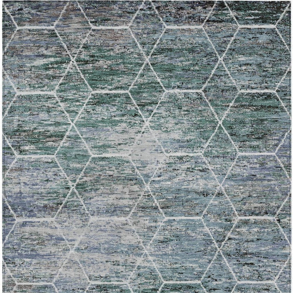 5' X 8' Teal Blue Gray And Ivory Geometric Washable Indoor Outdoor Area Rug — view 5