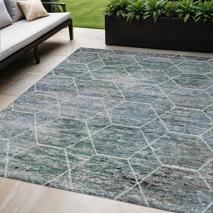 5' X 8' Teal Blue Gray And Ivory Geometric Washable Indoor Outdoor Area Rug HomeRoots