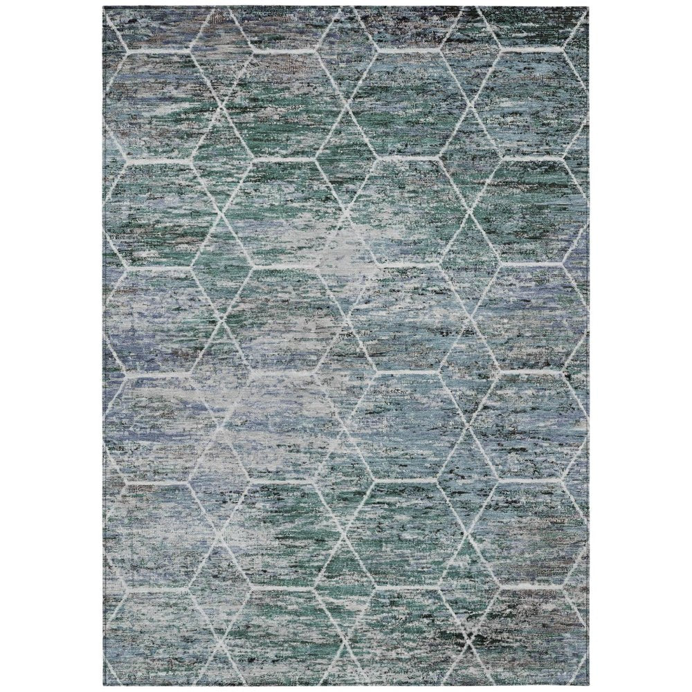 5' X 8' Teal Blue Gray And Ivory Geometric Washable Indoor Outdoor Area Rug HomeRoots
