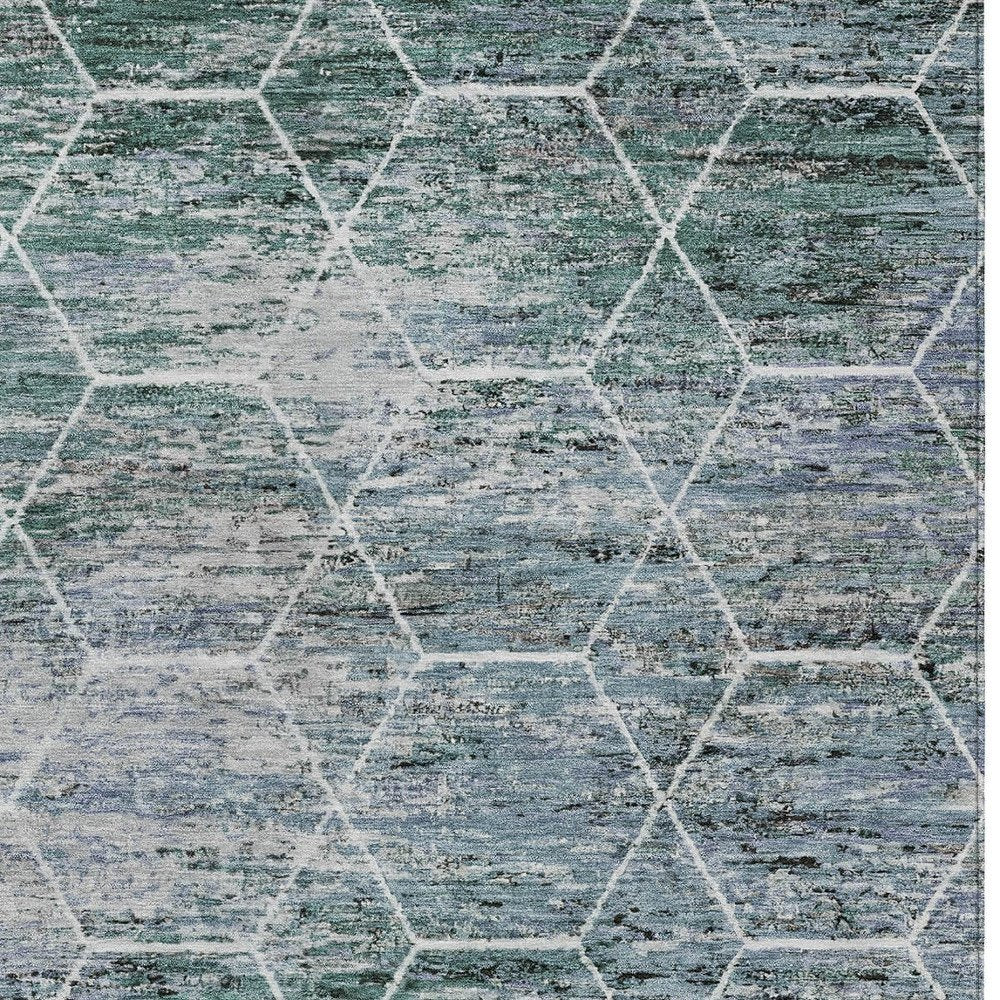 5' X 8' Teal Blue Gray And Ivory Geometric Washable Indoor Outdoor Area Rug HomeRoots