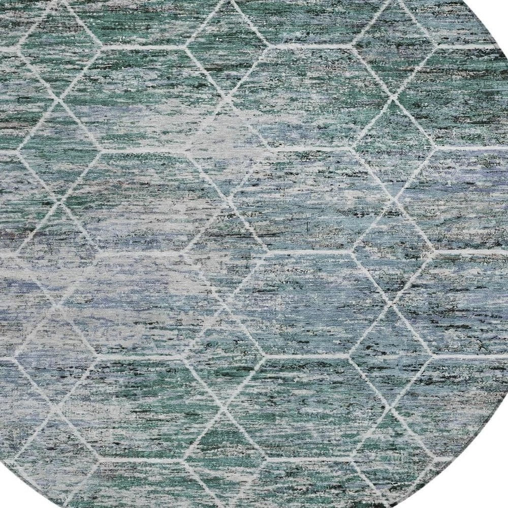 8' Teal Blue Gray And Ivory Round Geometric Washable Indoor Outdoor Area Rug HomeRoots