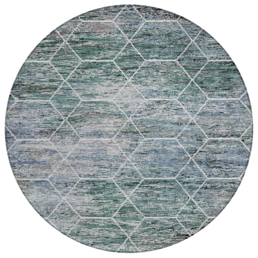 8' Teal Blue Gray And Ivory Round Geometric Washable Indoor Outdoor Area Rug — view 1