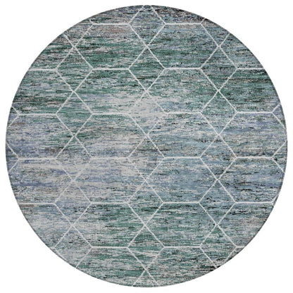 8' Teal Blue Gray And Ivory Round Geometric Washable Indoor Outdoor Area Rug HomeRoots