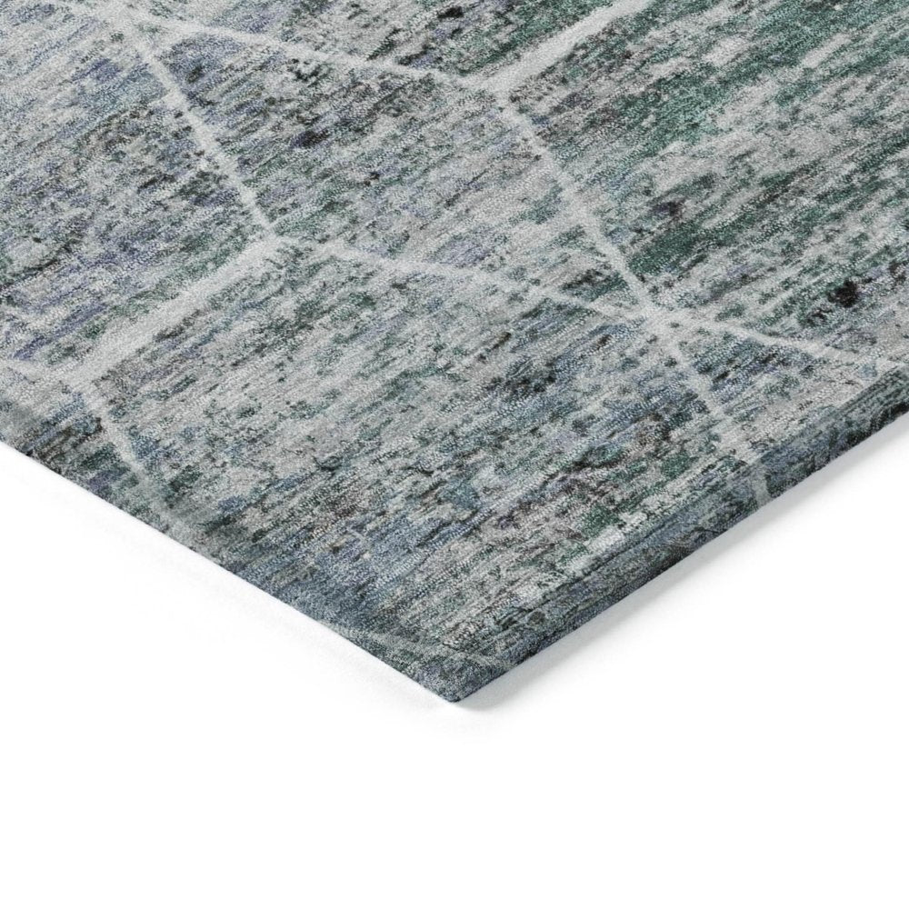 8' Teal Blue Gray And Ivory Round Geometric Washable Indoor Outdoor Area Rug — view 2