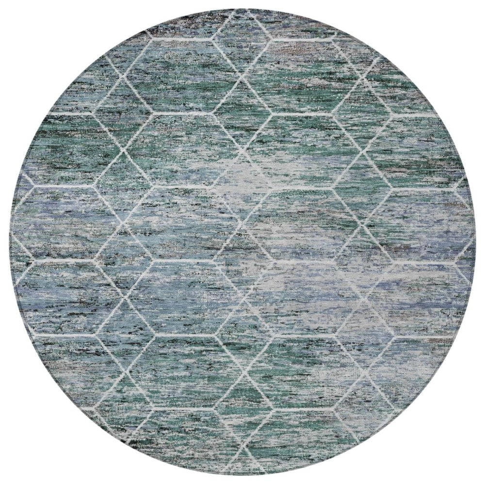 8' Teal Blue Gray And Ivory Round Geometric Washable Indoor Outdoor Area Rug HomeRoots