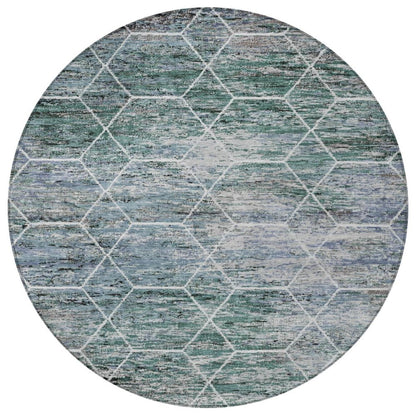 8' Teal Blue Gray And Ivory Round Geometric Washable Indoor Outdoor Area Rug HomeRoots