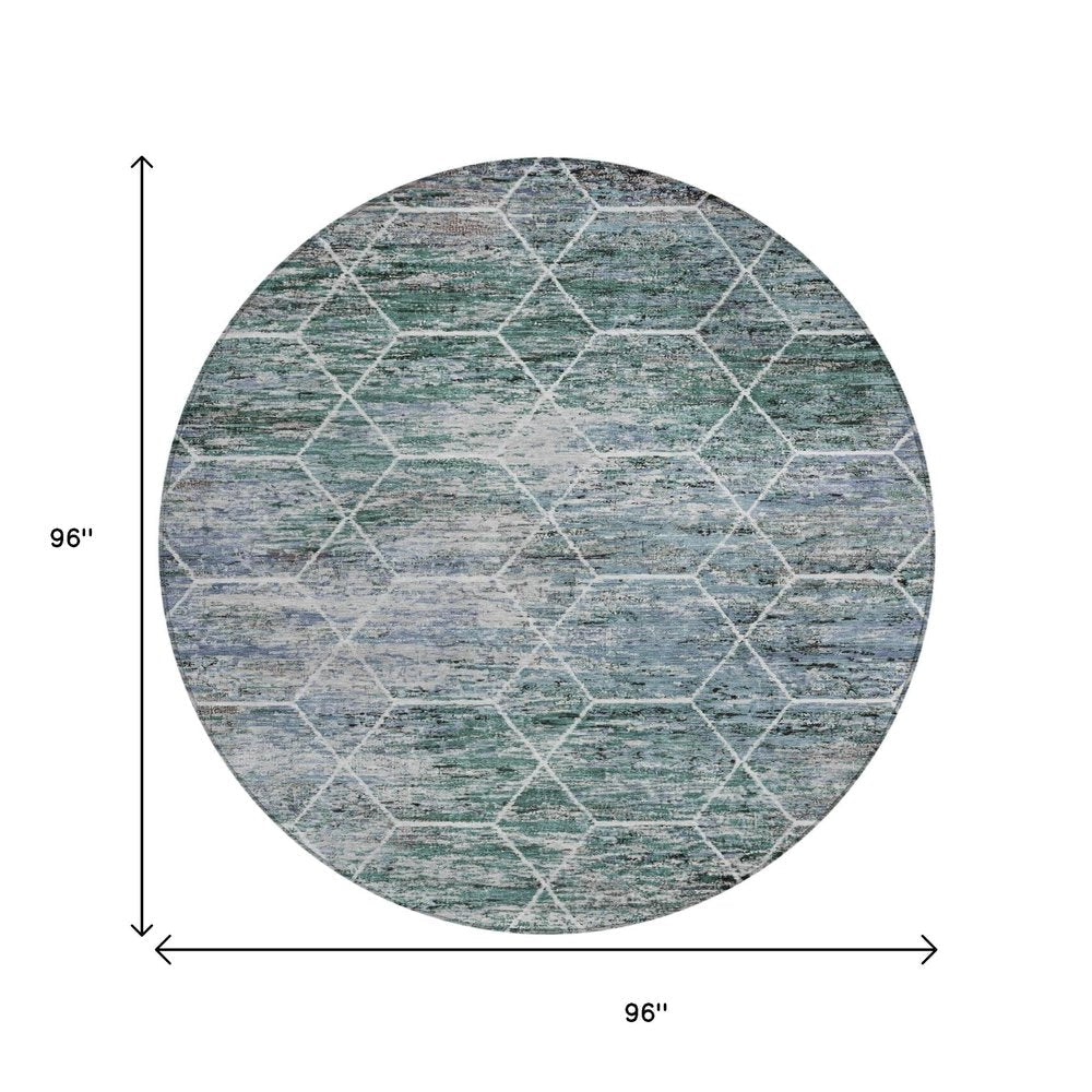 8' Teal Blue Gray And Ivory Round Geometric Washable Indoor Outdoor Area Rug — view 5
