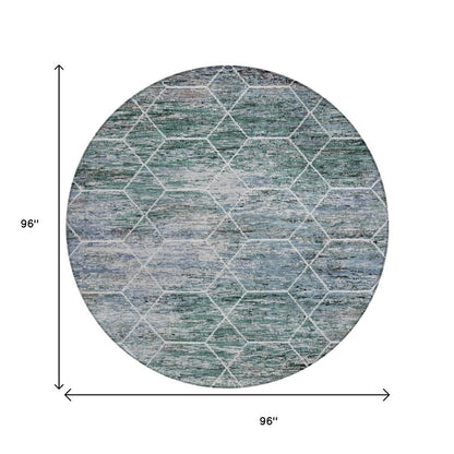 8' Teal Blue Gray And Ivory Round Geometric Washable Indoor Outdoor Area Rug HomeRoots