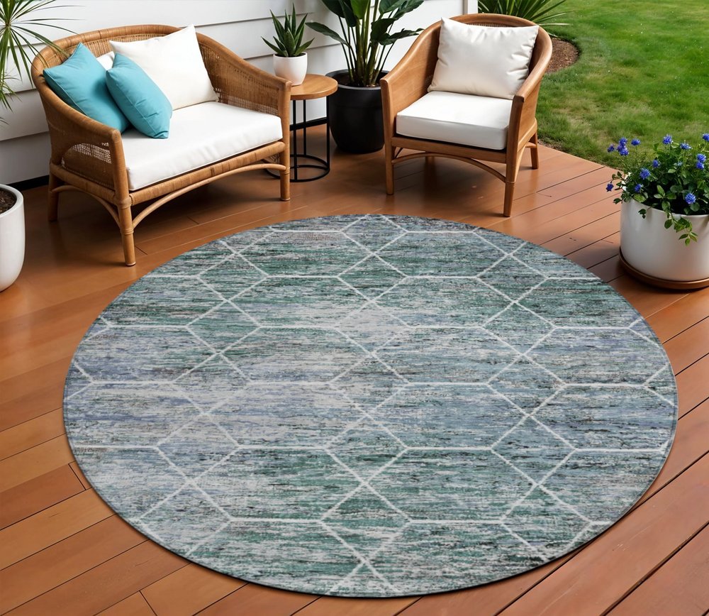 8' Teal Blue Gray And Ivory Round Geometric Washable Indoor Outdoor Area Rug — view 6