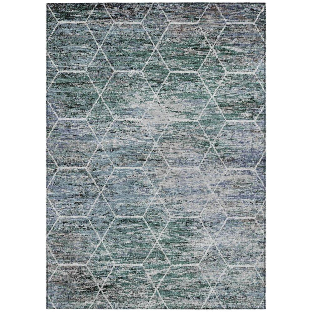 8' X 10' Teal Blue Gray And Ivory Geometric Washable Indoor Outdoor Area Rug HomeRoots