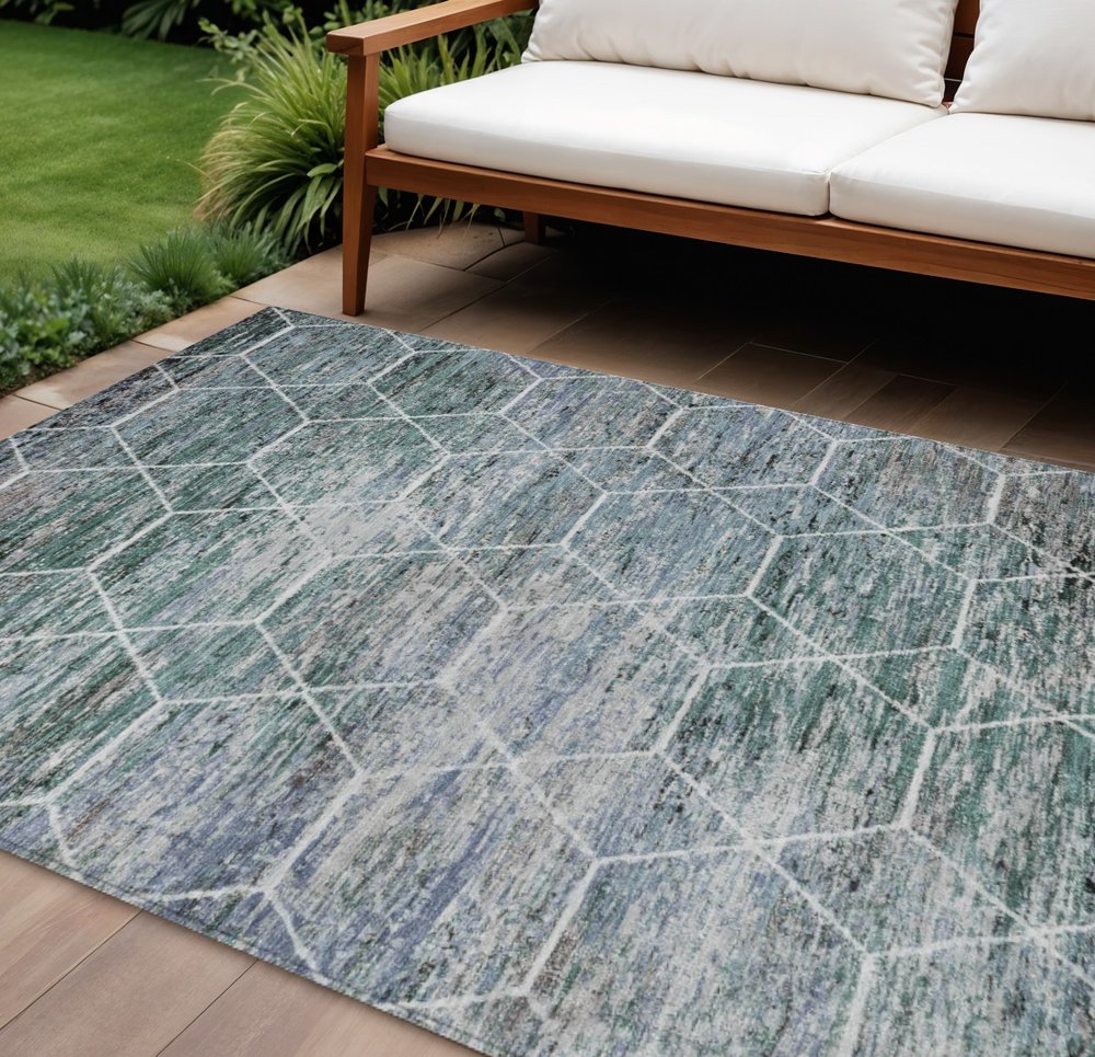 8' X 10' Teal Blue Gray And Ivory Geometric Washable Indoor Outdoor Area Rug HomeRoots