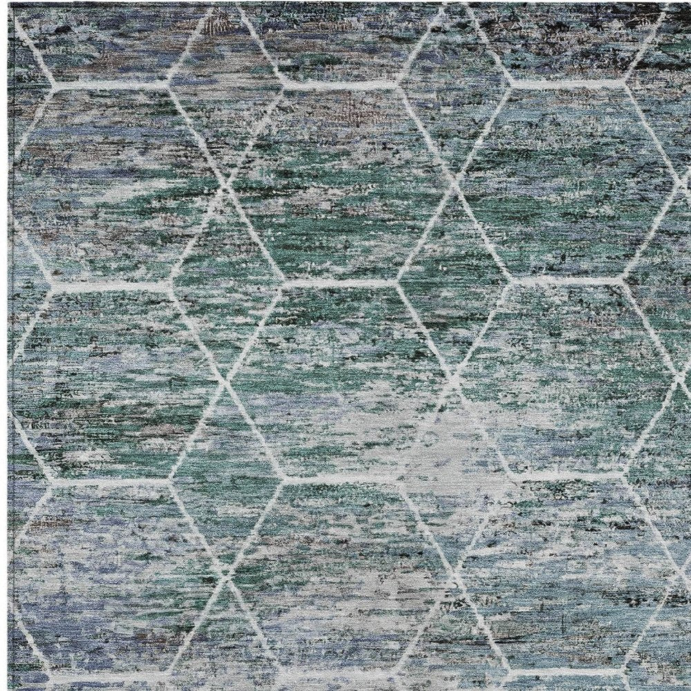 8' X 10' Teal Blue Gray And Ivory Geometric Washable Indoor Outdoor Area Rug HomeRoots