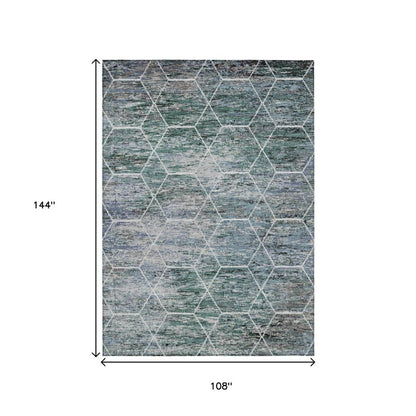 9' X 12' Teal Blue Gray And Ivory Geometric Washable Indoor Outdoor Area Rug HomeRoots