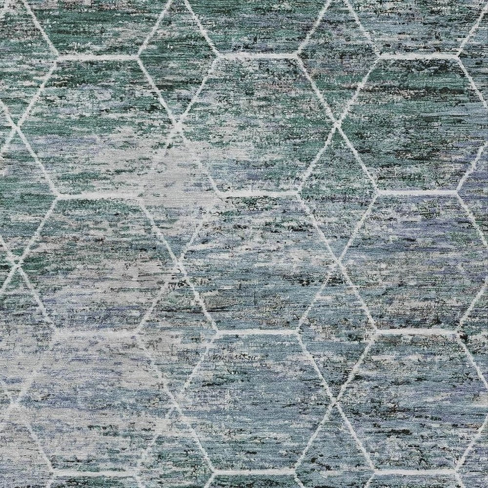 9' X 12' Teal Blue Gray And Ivory Geometric Washable Indoor Outdoor Area Rug — view 9