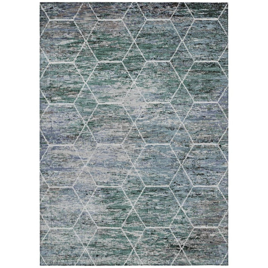 9' X 12' Teal Blue Gray And Ivory Geometric Washable Indoor Outdoor Area Rug