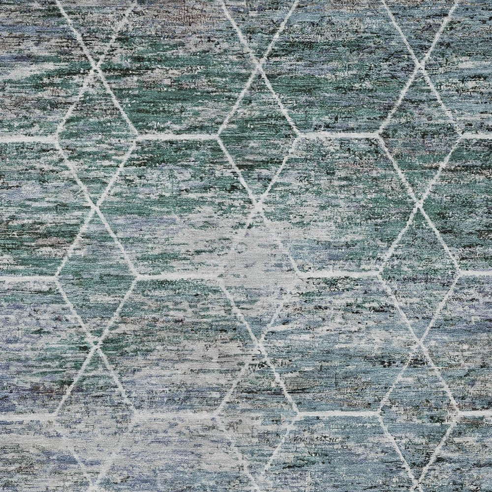 9' X 12' Teal Blue Gray And Ivory Geometric Washable Indoor Outdoor Area Rug HomeRoots