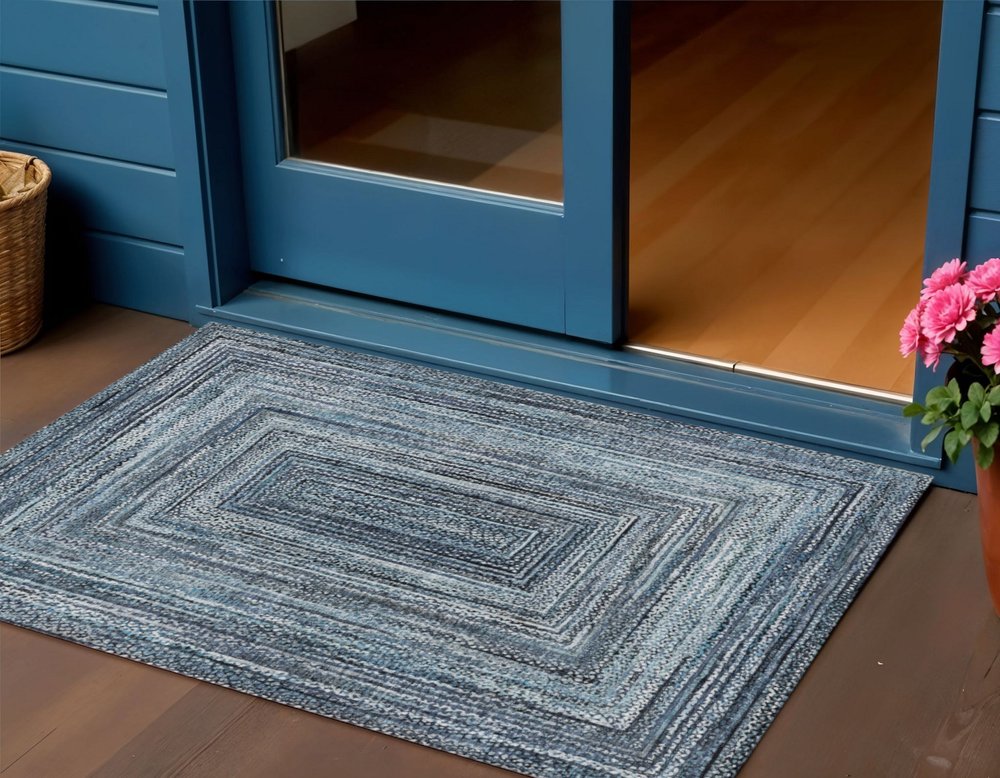 3' X 5' Blue Navy Blue And Ivory Geometric Washable Indoor Outdoor Area Rug — view 7