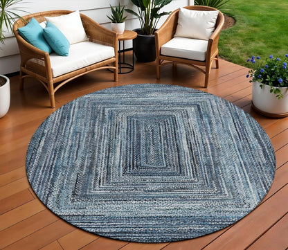 8' Blue Navy Blue And Ivory Round Geometric Washable Indoor Outdoor Area Rug HomeRoots