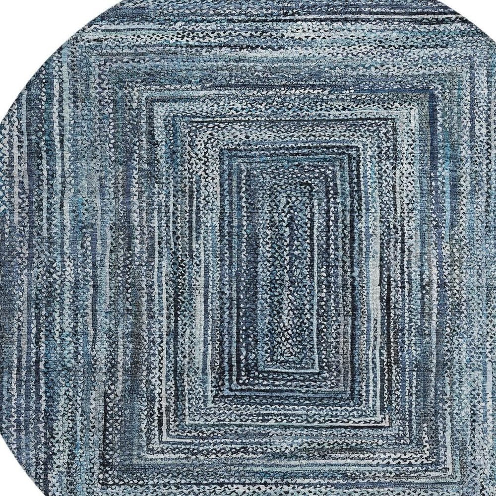 8' Blue Navy Blue And Ivory Round Geometric Washable Indoor Outdoor Area Rug